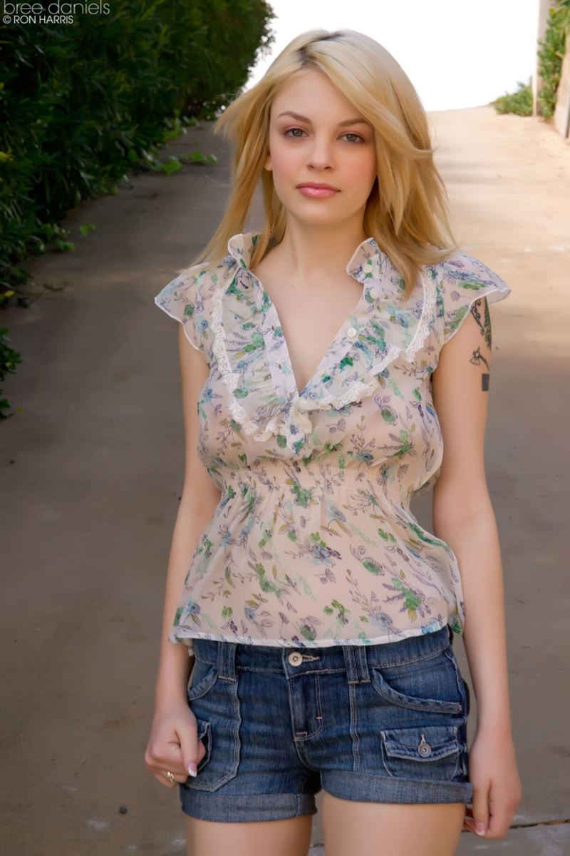 Lovely blonde Bree Daniels on the park teasing and posing in her lustry floral dress and shorts 08